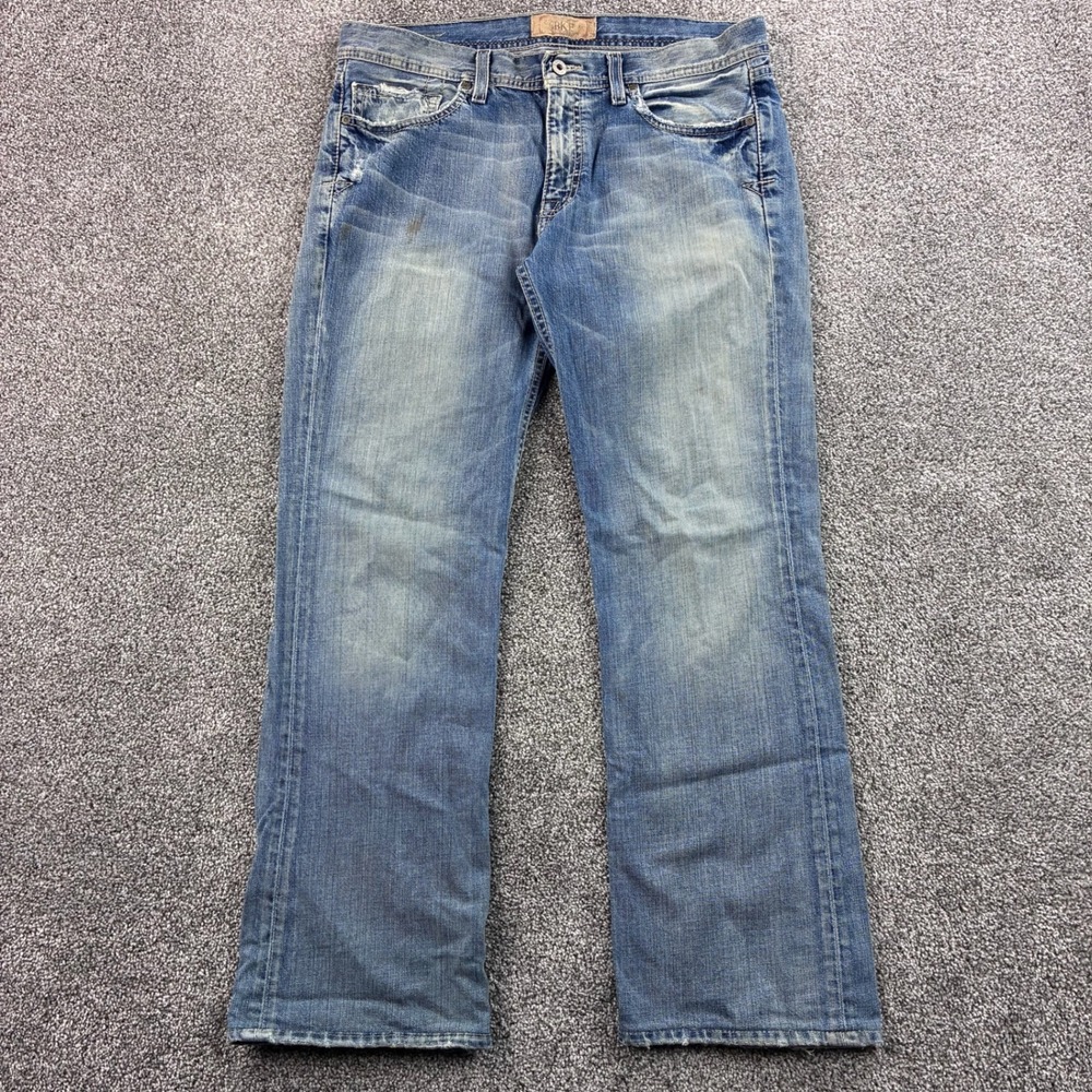 BKE Cole Jeans Mens 32x32 Blue Cotton Relaxed Boot Cut Straight Distressed Denim